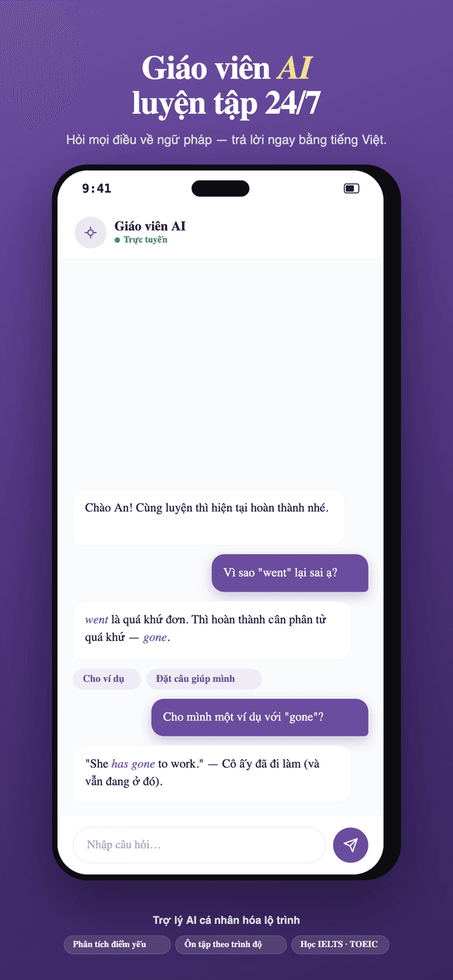 Trợ lý AI GrammarPal trả lời câu hỏi ngữ pháp
